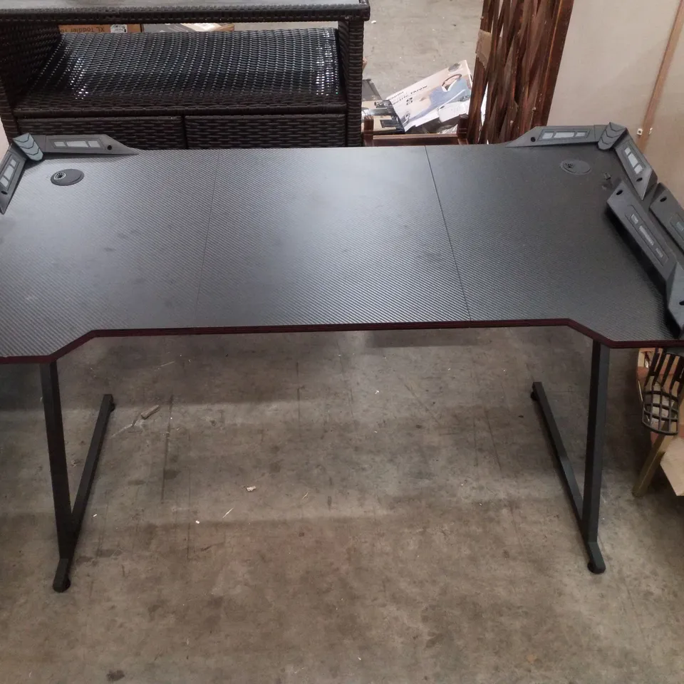 BOXED BLACK GAMING DESK LED LIGHT COMPUTER WITH HEADPHONE HOOK AND CUP HOLDER