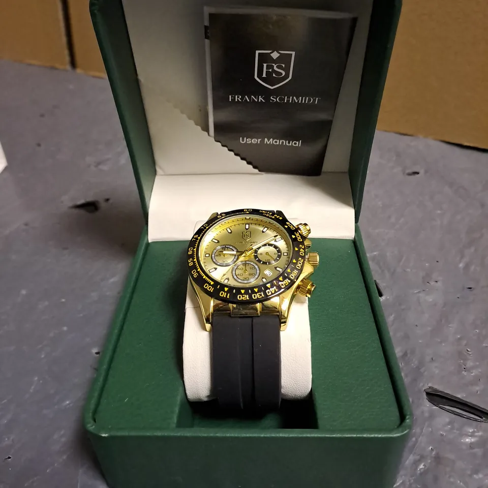 FRANK SCHMIDT GOLD DIAL GENTS WATCH WITH STAINLESS STEEL BACK CASE BLACK RUBBER STRAP AND GIFT BOX