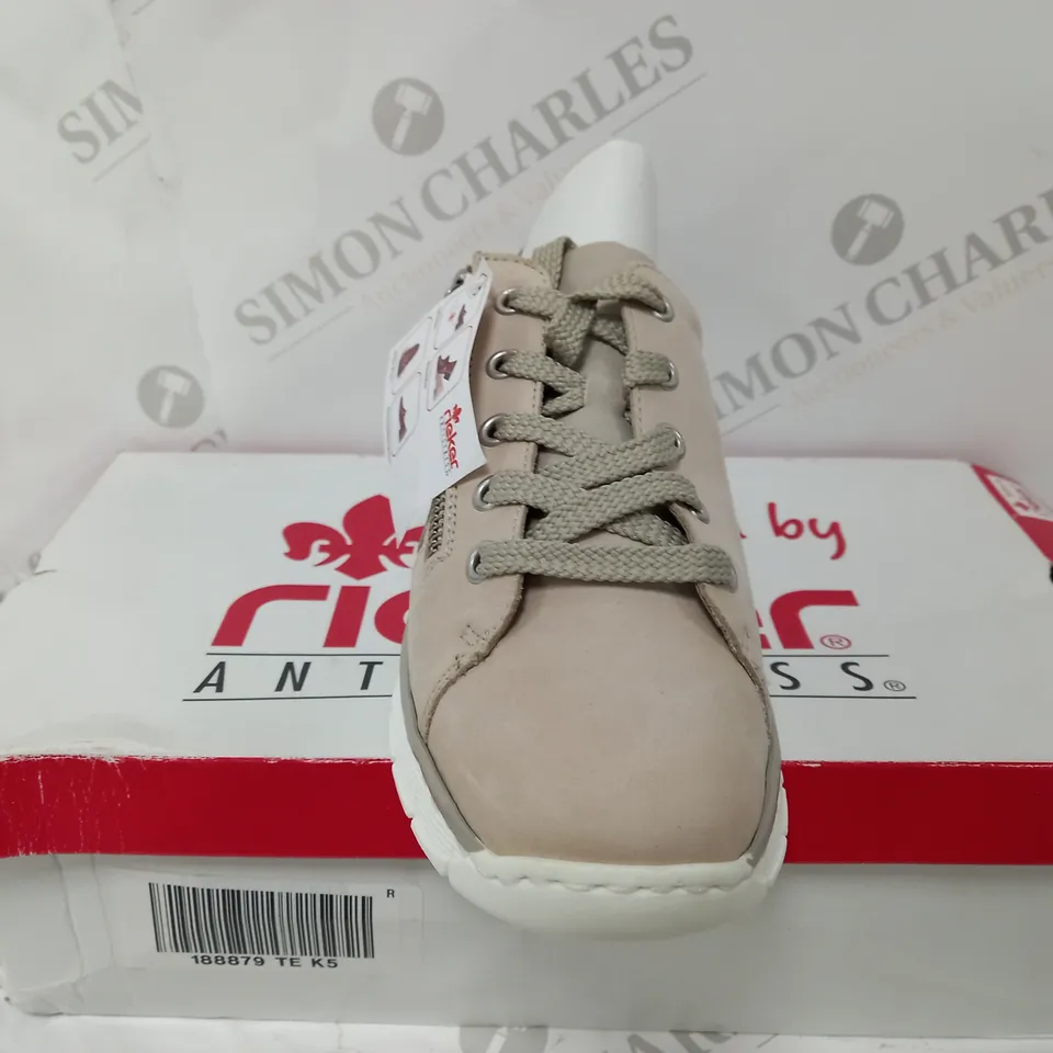 BOXED PAIR OF RIEKER TRAINERS IN TAUPE SIZE 5