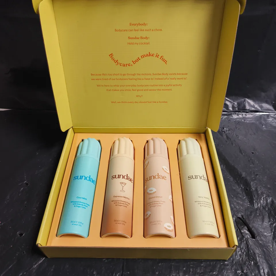 SUNDAE BODYCARE WHIPPED SHOWER FOAM SET – 4 X 265ML (COOL MINT, ESPRESSO MARTINI, GLAZED DONUT, VERY VANILLA)