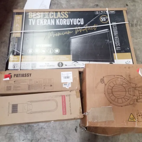 PALLET CONTAINING ASSORTED PRODUCTS INCLUDING SCREEN PROTECTOR, GARDEN HOSE REEL, BLADELESS PURIFIER & HEATER FAN & VOLLEYBALL NET 