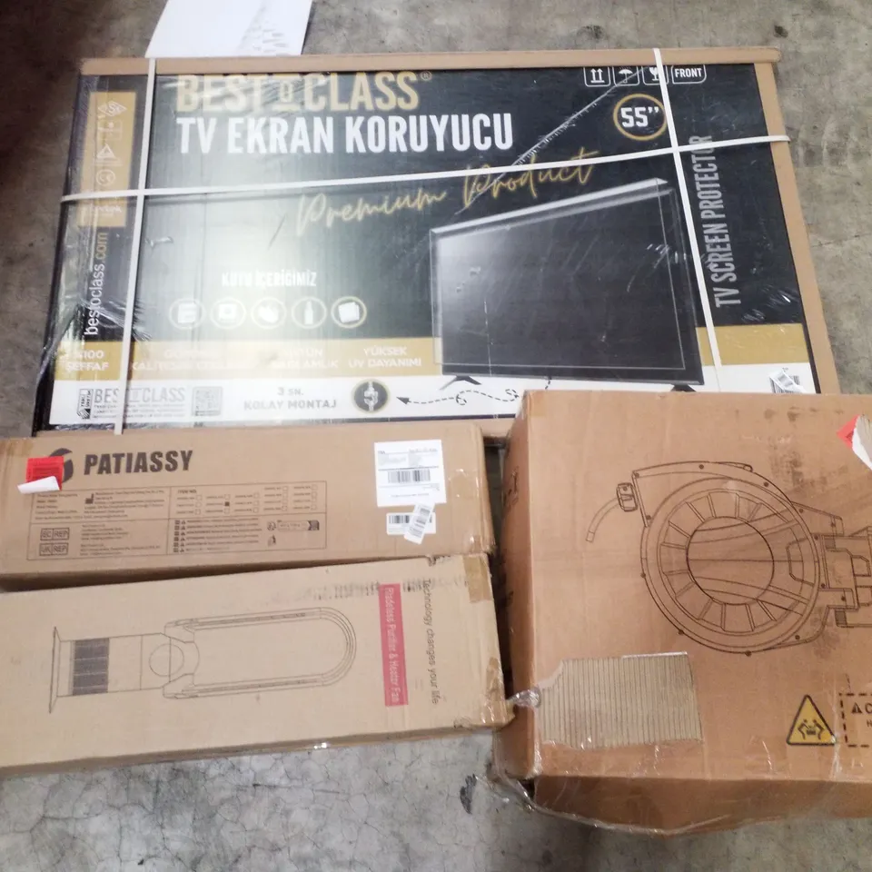 PALLET CONTAINING ASSORTED PRODUCTS INCLUDING SCREEN PROTECTOR, GARDEN HOSE REEL, BLADELESS PURIFIER & HEATER FAN & VOLLEYBALL NET 