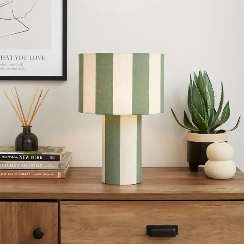 BOXED DUNELM BEATRICE STRIPED TABLE LAMP - OLIVE