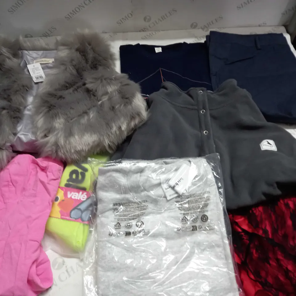 BOX OF ASSORTED CLOTHING ITEMS TOO INCLUDE JUMPERS, SHIRTS AND TROUSERS IN VARIOUS SIZES AND COLOURS   