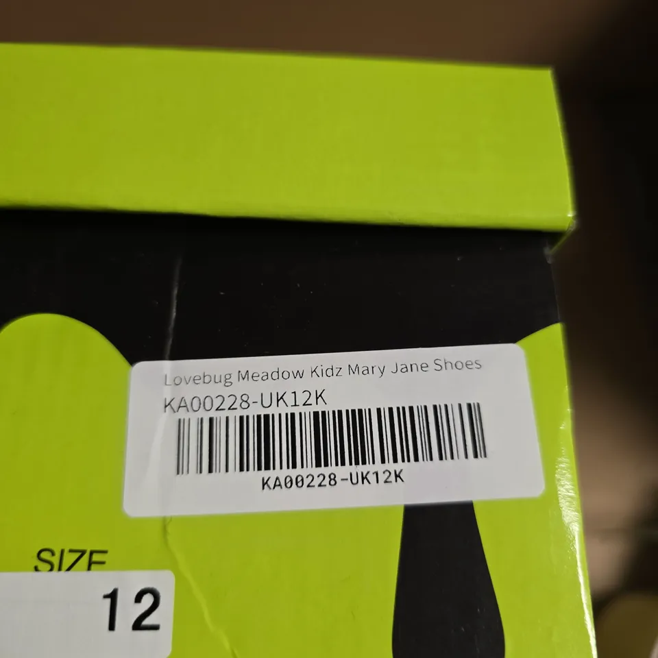 BOXED PAIR OF KOI LOVEBUG MEADOW KIDZ MARY JANE SHOES – BLACK, UK 12 