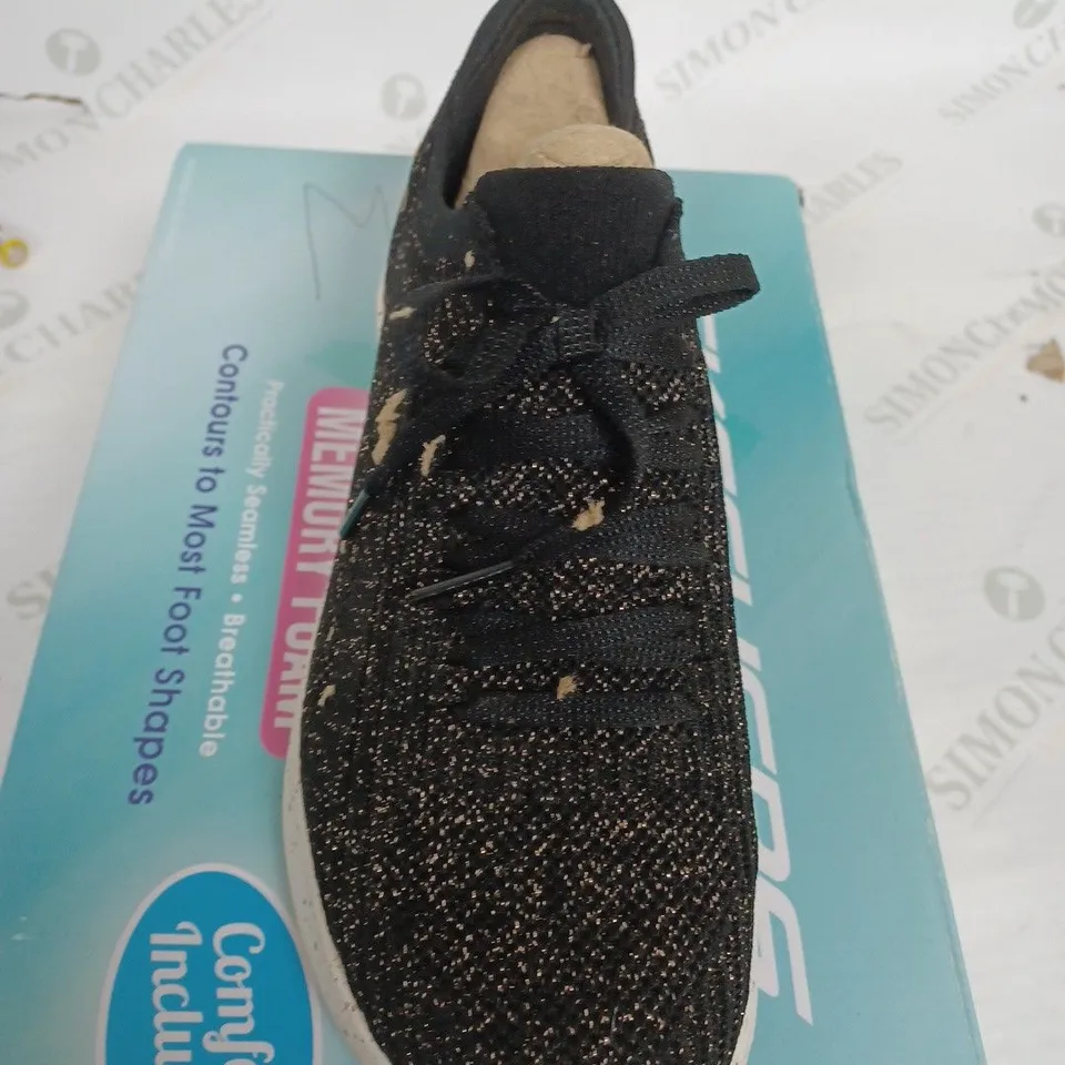 SKECHERS AIR COOLED TRAINERS BOXED, GOLD BLACK GLITTER SIZE 5