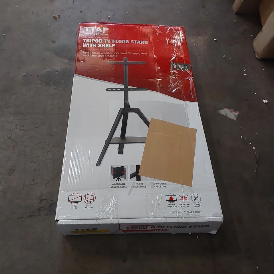 BOXED TRIPOD LIGHT TV STAND WITH SHELF (1 BOX)