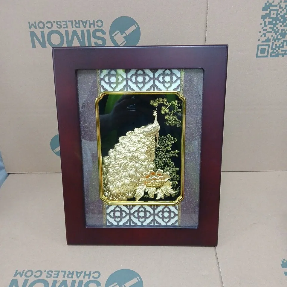 24K GOLD PLATED PEACOCK WOODEN FRAME ART, IN RED BOX.
