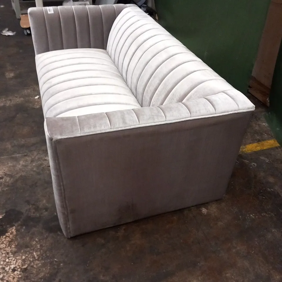 DESIGNER SILVER FABRIC SMALL SOFA WITH PANEL DETAIL