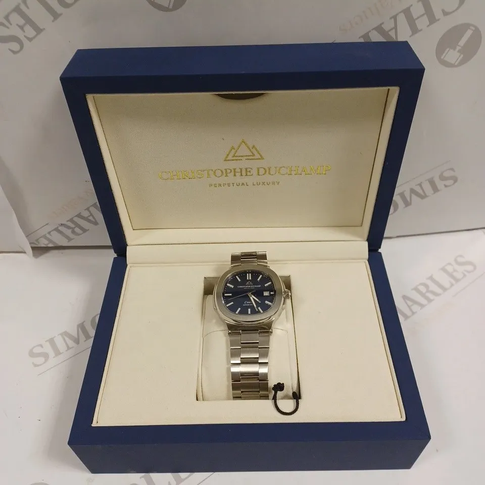 BOXED CHRISTOPHE DUCHAMP L'ENVIE MENS BLUE DIAL WATCH