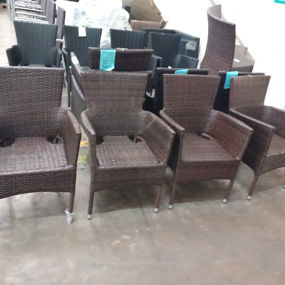 FOUR RATTAN EFFECT STACKING GARDEN CHAIRS