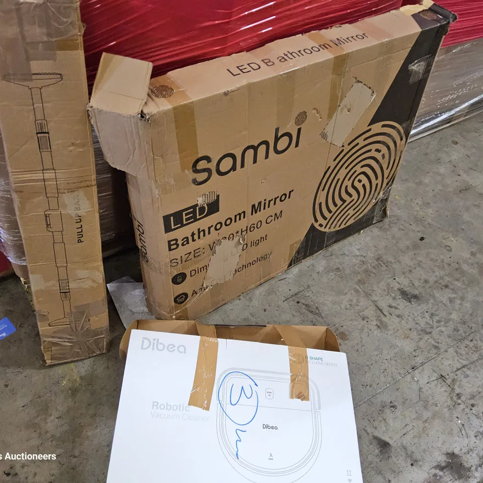 PALLET OF ASSORTED ITEMS TO INCLUDE, STOVE EFFECT HEATER, ROBOT VACUUM CLEANER, BATHROOM MIRROR WITH LED, PULL UP BAR, 
