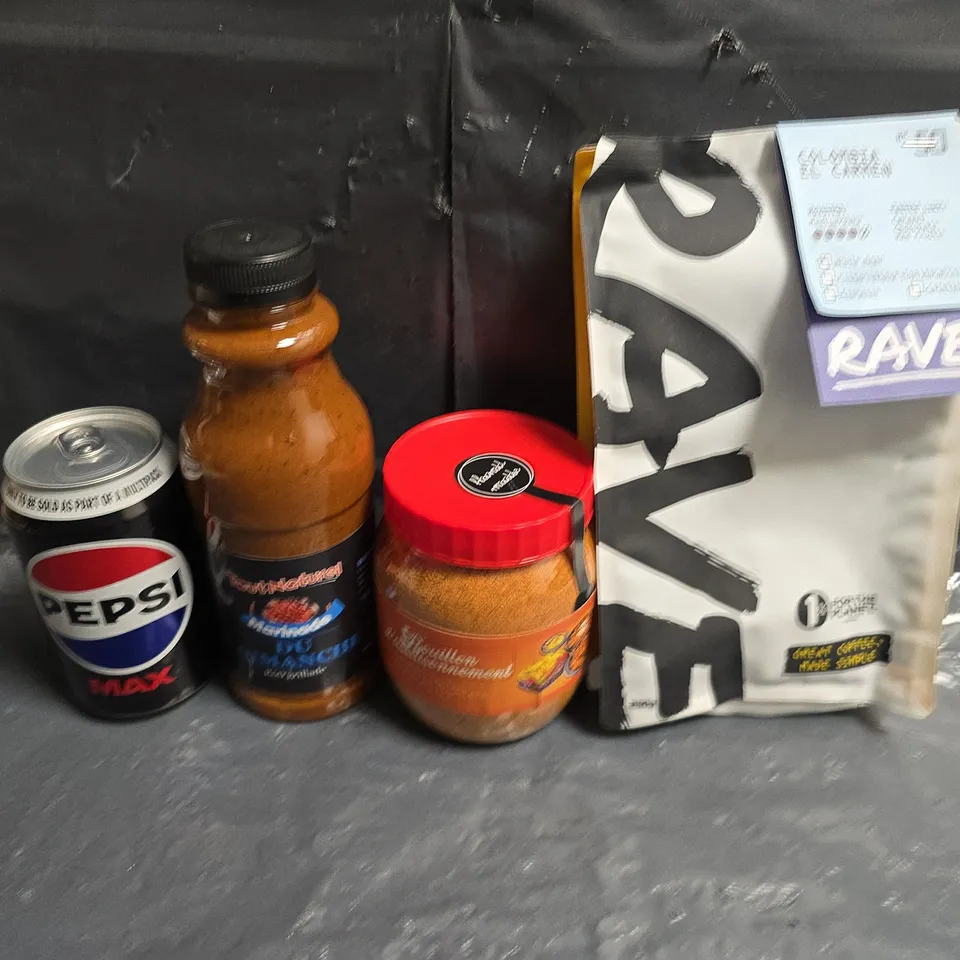 APPROXIMATELY 5 ASSORTED FOOD ITEMS TO INCLUDE - PEPSI, RAVE COFFEE AND SAUCES