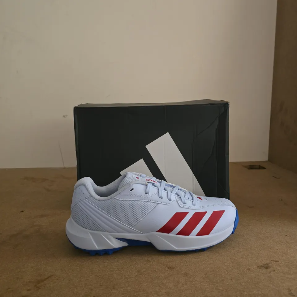 ADIDAS RUNNING SNEAKERS – WHITE WITH RED STRIPES, BLUE OUTSOLE UK 8