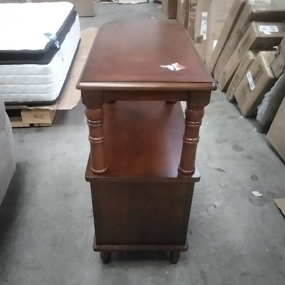 WOOD NARROW END TABLE WITH DRAWERS AND SHELF - CARAMEL BROWN 