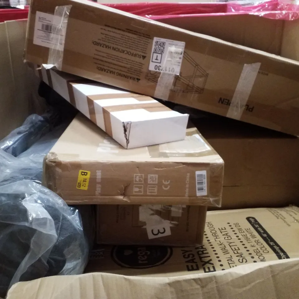 PALLET CONTAINING ASSORTED PRODUCTS INCLUDING BABY PLAYPENS, RETRACTABLE  SAFETY GATE, METAL BED FRAME, PLUNGER & ROLLER BLIND