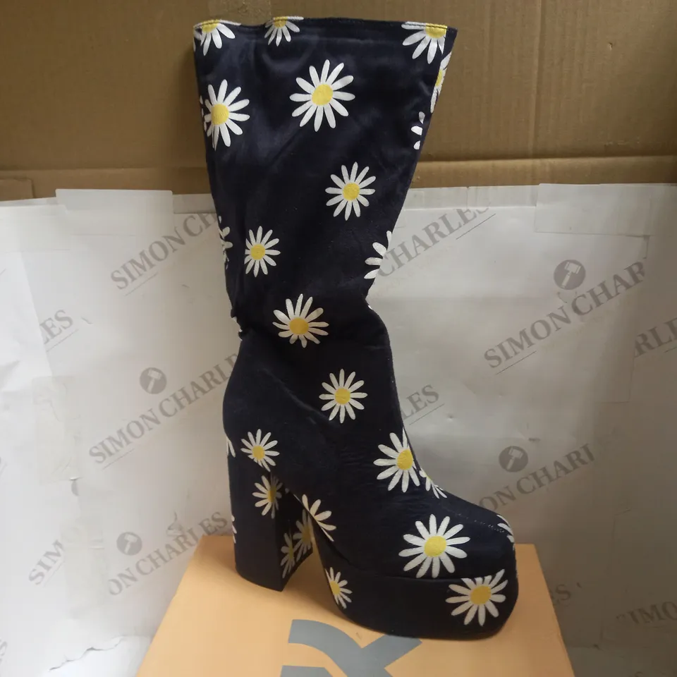 KOI VEGAN CRAZY DAISY NAVY BLUE PLATFORM LONG BOOTS - SIZE 7