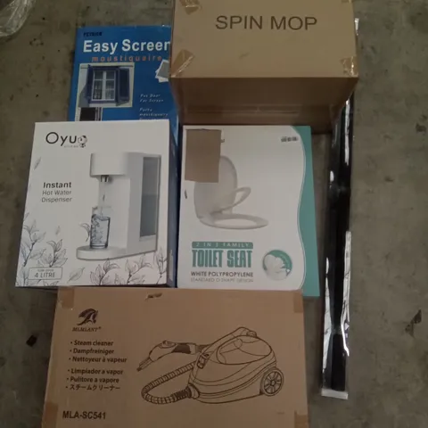 PALLET OF ASSORTED ITEMS INCLUDING MASTHOME SPIN MOP, EASY SCREEN MOUSTIQUAIRE, TAIYUHOMES VENETIAN BLIND, OYU INSTANT HOT WATER DISPENSER, 2-IN-1 FAMILY TOILET SEAT, STEAM CLEANER