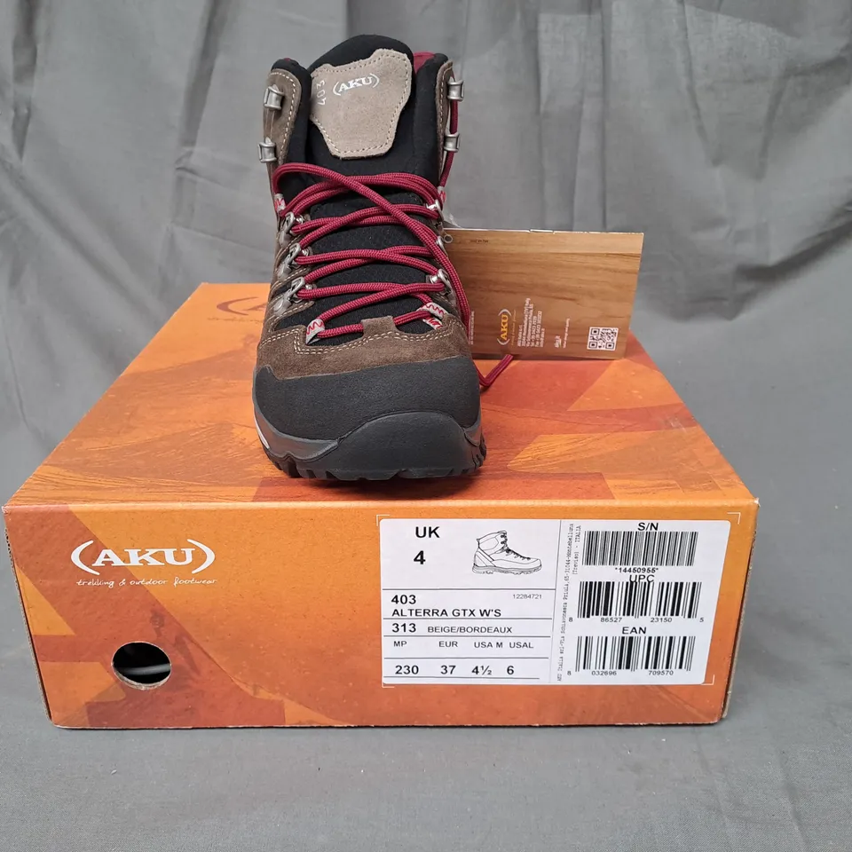 BOXED PAIR OF AKU ALTERRA GTX ANKLE BOOTS IN BEIGE/BROWN/BORDEAUX UK SIZE 4