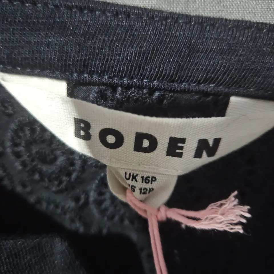 BODEN BLACK DRESS WITH LACE PUFF SLEEVES, UK 16P (PETITE) – TENCEL MODAL FIBRES