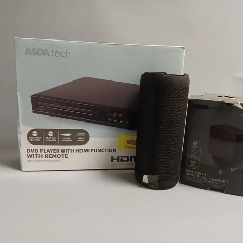 APPROXIMATELY 20 ASSORTED TECH PRODUCTS TO INCLUDE JUICE BOOM PRO BLUETOOTH SPEAKER, UNIVERSAL CHARGER, DVD PLAYER