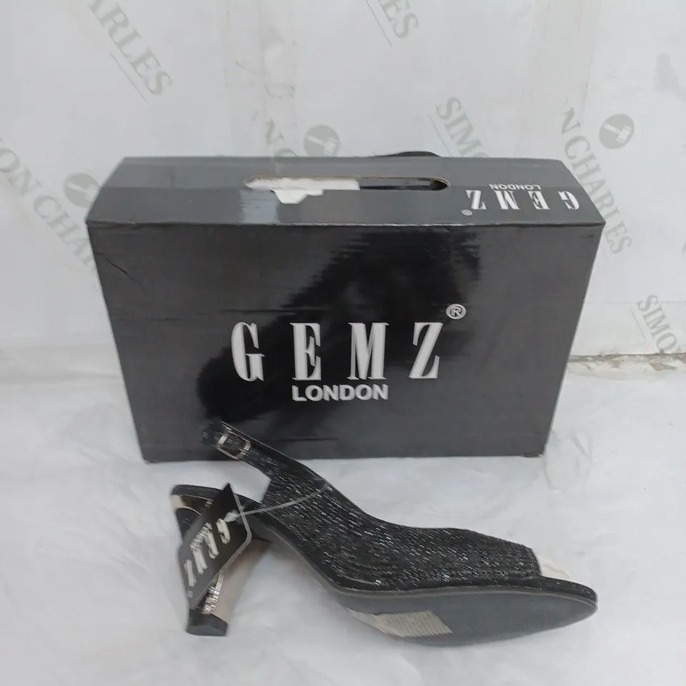 LARGE BOX OF APPROXIMATELY 10 BOXED GEMZ LONDON OPEN TOE STRAPPED HEEL IN BLACK JEWELLLED IN VARIOUS SIZES 