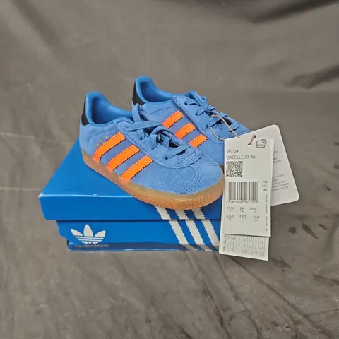 ADIDAS KIDS GAZELLE COMFORT CLOSURE ELASTIC SHOES IN BLUE SUEDE/ORANGE SIZE 8K