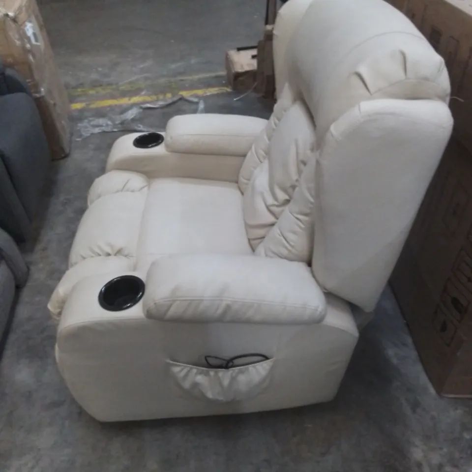 DESIGNER POWER RECLINING ROCKING SWIVEL EASY CHAIR IN CREAM FAUX LEATHER