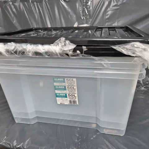 KLASS SET OF 3 NESTIC CLEAR PLASTIC STORAGE CONTAINERS W. BLACK LIDS
