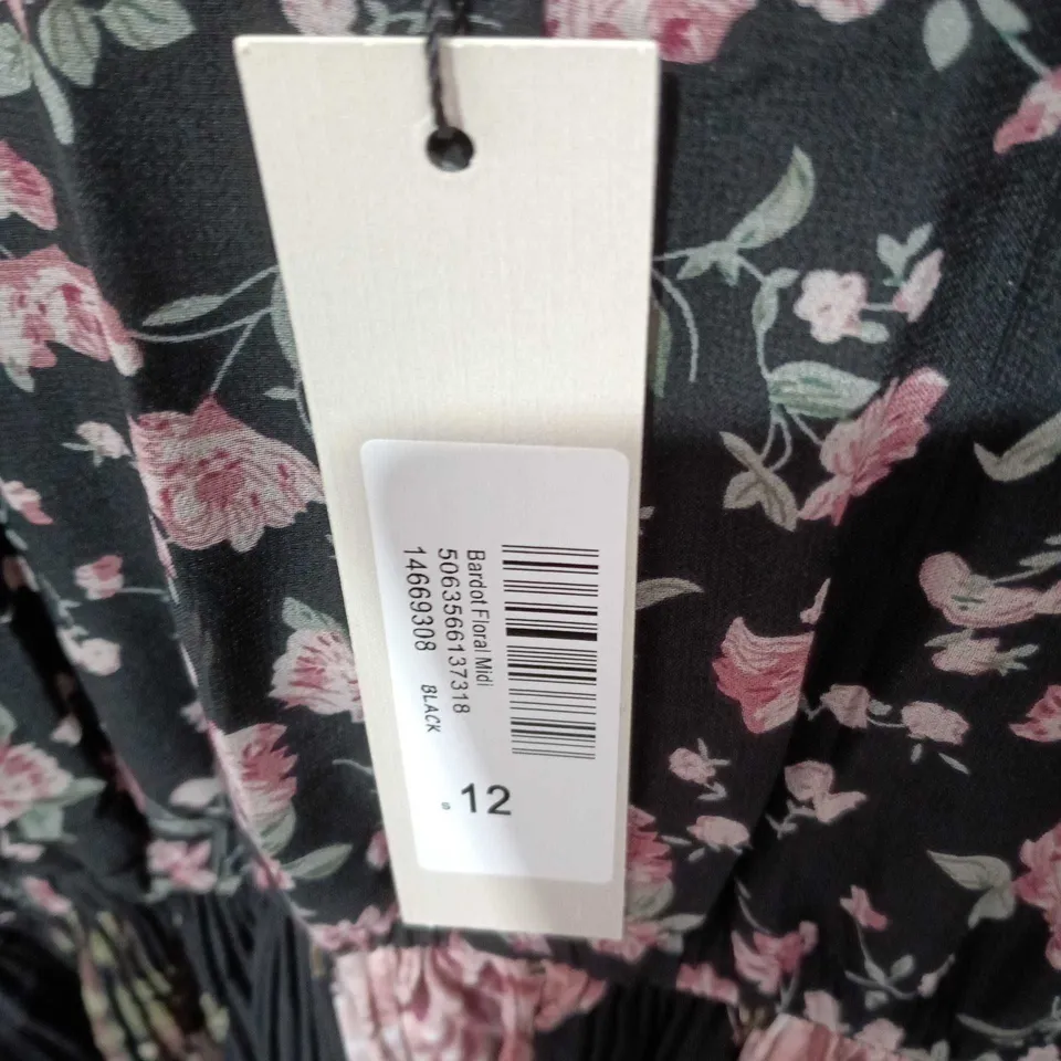 ROMAN FLORAL MIDI DRESS – WOMEN'S UK SIZE 12, BLACK WITH PINK FLOWERS