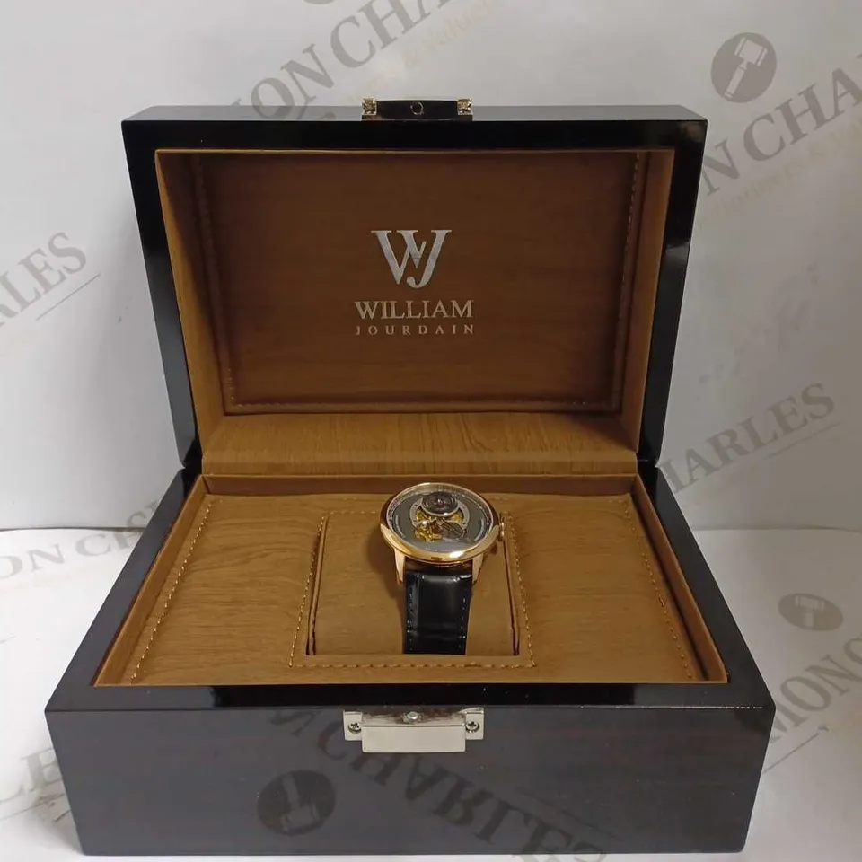 MENS WILLIAM JOURDAIN 8219 AUTOMATIC WATCH – JAPANESE MOVEMENT – STAINLESS STEEL CASE – SAPPHIRE CRYSTAL  GLASS – LEATHER STRAP WITH BUTTERFLY CLASP 