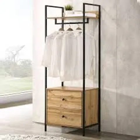 BOXED ZAHRA OPEN WARDROBE WITH 2 DRAWERS IN OAK EFFECT WITH METAL FRAME (1 BOX)
