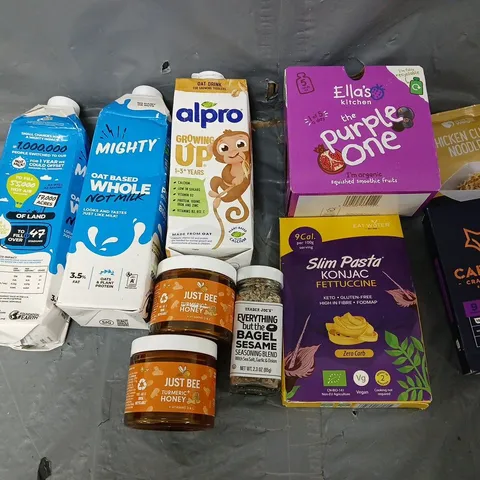 APPROXIMATELY 8 ASSORTED FOOD & DRINK ITEMS TO INCLUDE - MIGHTY MILK, ALPRO MILK, AND JUST BEE HONEY ETC. 