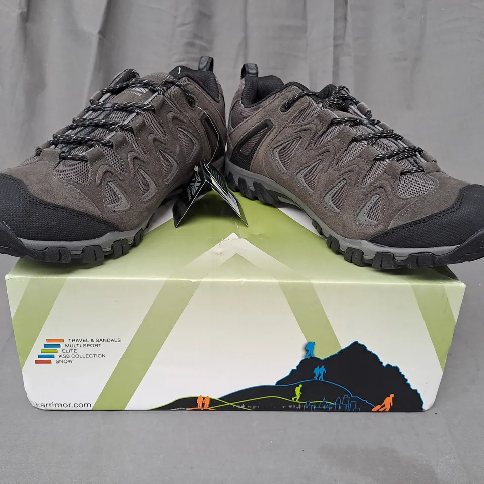 BOXED PAIR OF KARRIMOR SUPA 5 HIKING SHOES IN GREY UK SIZE 10.5