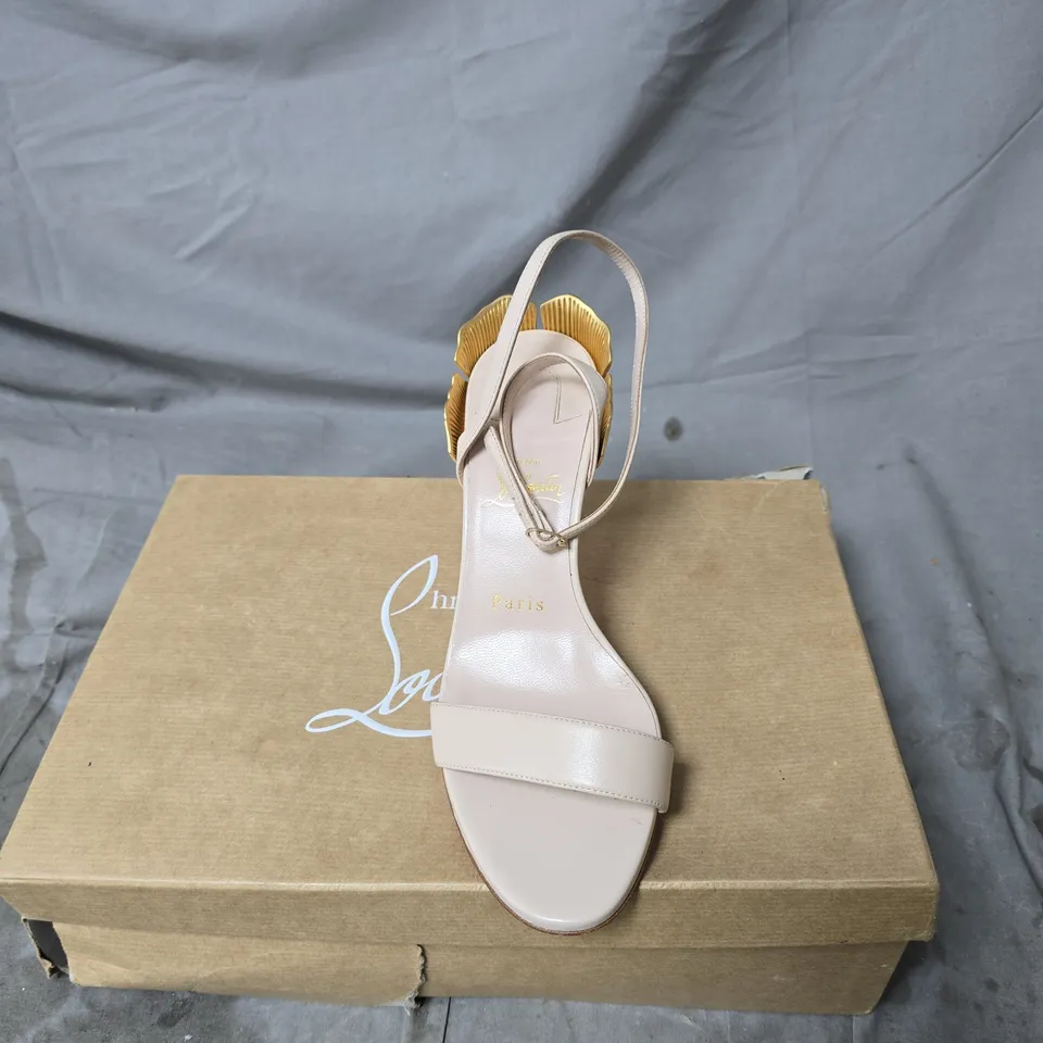 CHRISTIAN LOUBOUTIN NUDE SANDALS WITH GOLD HEEL – OPEN TOE, ANKLE STRAP, RED SOLE SIZE 37