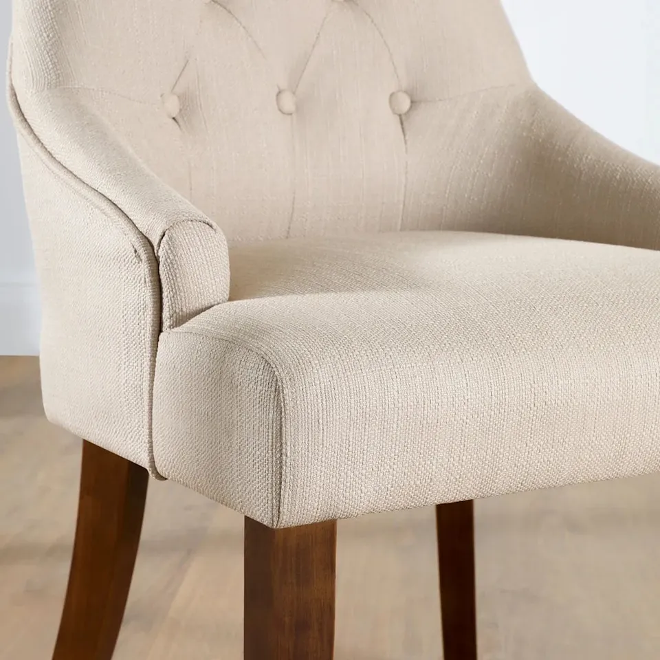 BOXED DUKE DINING CHAIR, OATMEAL CLASSIC LINEN-WEAVE FABRIC & DARK SOLID HARDWOOD
