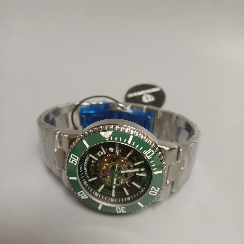 MENS DESCHAMPS & CO AUTOMATIC WATCH – SKELETON DIAL – CERAMIC BEZEL - STAINLESS STRAP