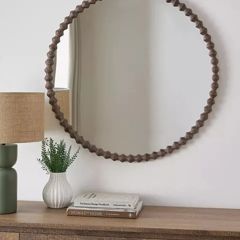 BOXED ROUND WOODEN BOBBIN MIRROR 80cm