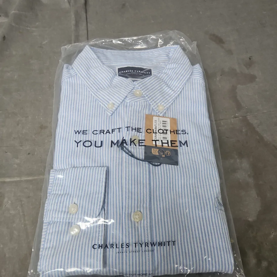 CHARLES TYRWHITT OCEAN BLUE STRIPE BUTTON-DOWN OXFORD SHIRT – SLIM FIT, STRETCH - SIZE L