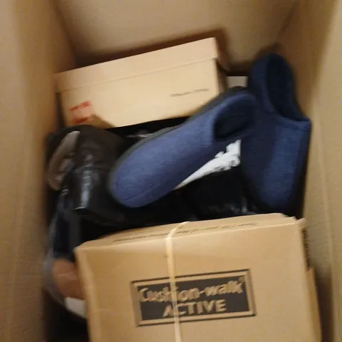 BOX OF APPROXIMATELY 12 PAIRS OF ASSORTED SHOES IN VARIOUS COLOUR, STYLES AND SIZES