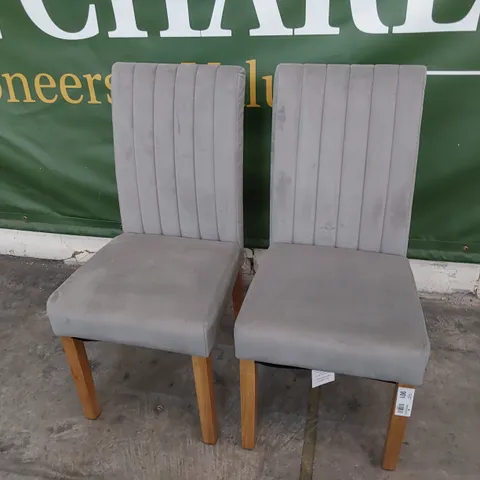 PAIR UPHOLSTERED DINING CHAIRS PLUSH GREY FABRIC ON NATURAL WOOD LEGS