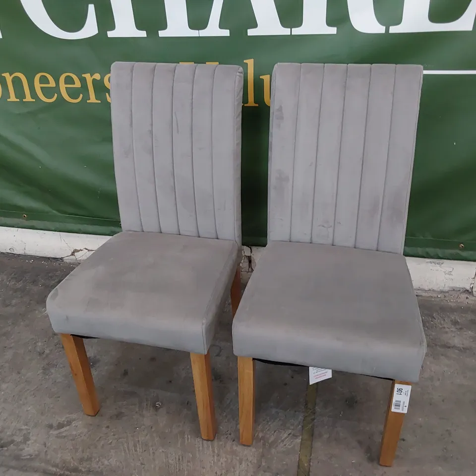 PAIR UPHOLSTERED DINING CHAIRS PLUSH GREY FABRIC ON NATURAL WOOD LEGS 