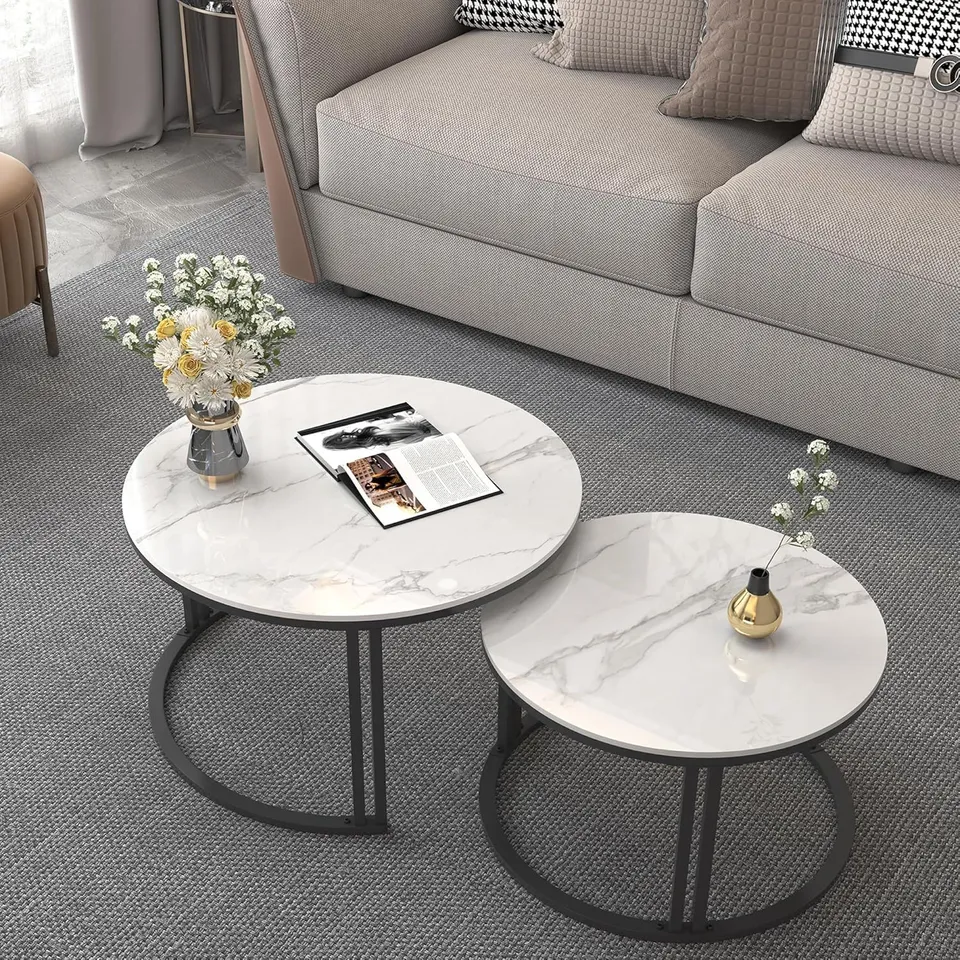 BOXED FATIVO ROUND COFFEE TABLE NEST TABLES - WHITE MARBLE/BLACK (1 BOX)