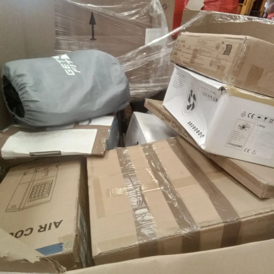 PALLET OF ASSORTED ITEMS INCLUDING STOREMIC WALL SHELF, FOLDOUT TABLE, HOMIDEC DESK, 2.3FT FOLDING UTILITY TABLE, INTELLIGENT FAN LIGHT, AIR COOLER 