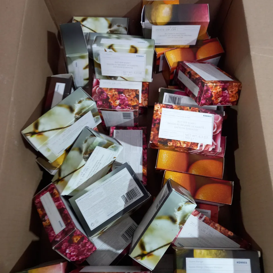 BOX OF APPOX 20 ASSORTED KORRES SOAPS TO INCLUDE - GUAVA MANGO - SEA LAVENDER - KUMQUAT ECT