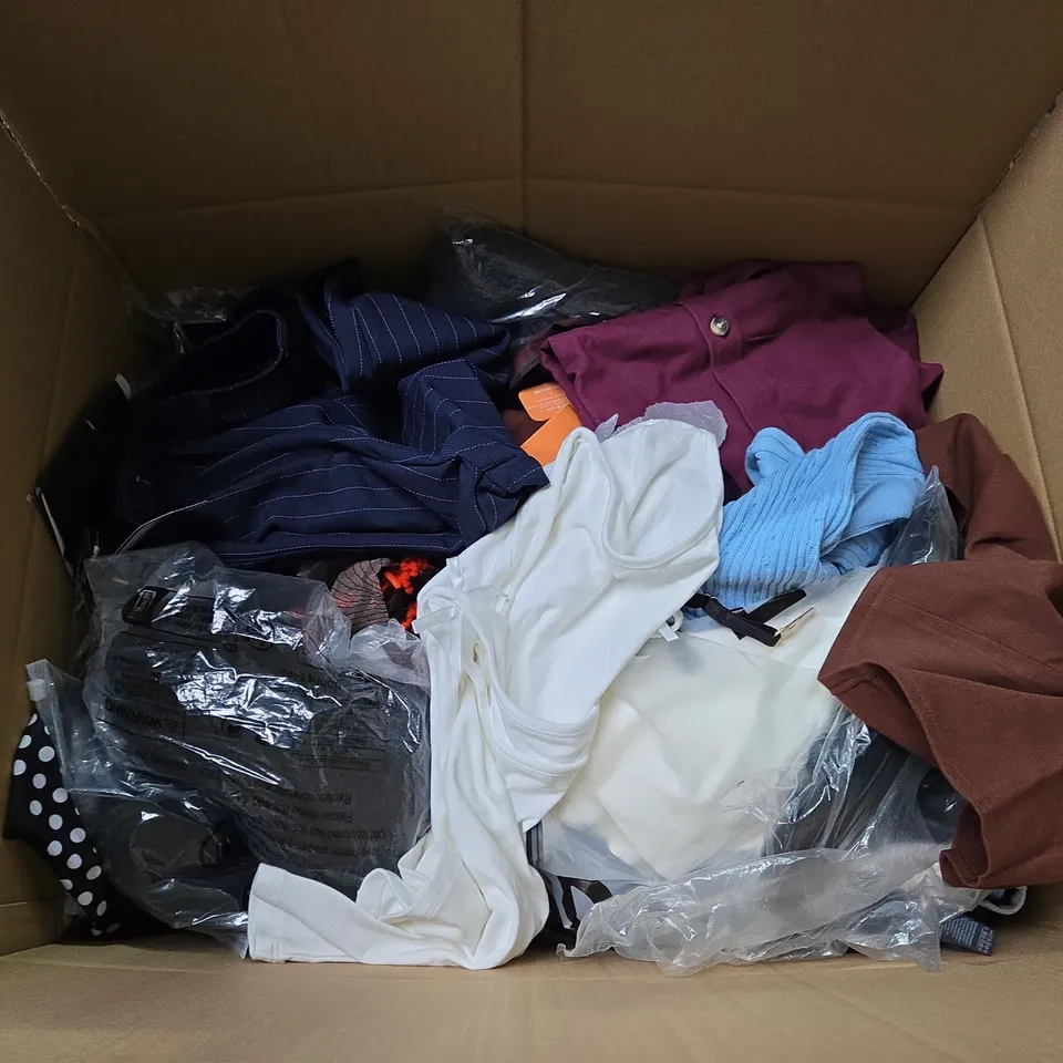 LARGE BOX OF ASSORTED CLOTHING ITEMS IN VARIOUS SIZES, STYLES AND COLOUR 