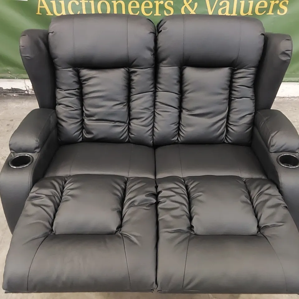 DESIGNER BLACK LEATHER 2-SEATER RECLINING SOFA WITH CUP HOLDERS 