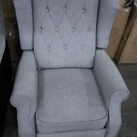 DESIGNER GREY FABRIC BUTTON BACK RECLINING ARMCHAIR
