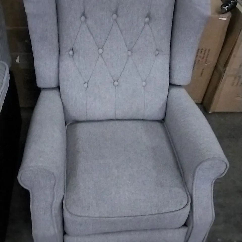 DESIGNER GREY FABRIC BUTTON BACK RECLINING ARMCHAIR