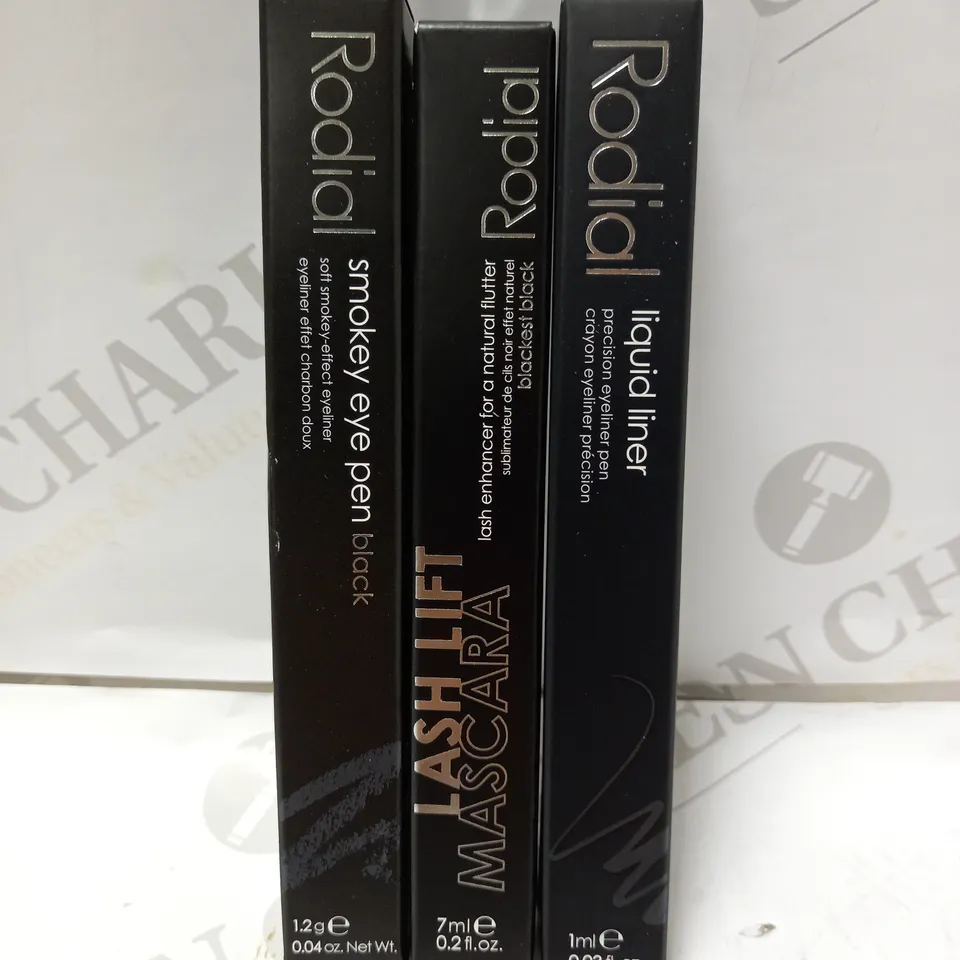 LOT OF 3 RODIAL PRODUCTS TO INCLUDE LIQUID LINER - BLACK, LASH ENHANCER - BLACKEST BLACK, SMOKEY EYE PEN - BLACK